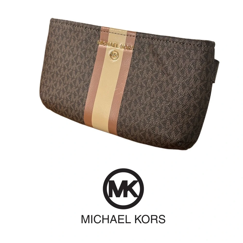 Michael Kors Monogram Crossbody Bag Brown Stripe Adjustable Belt Bag MK Signatu